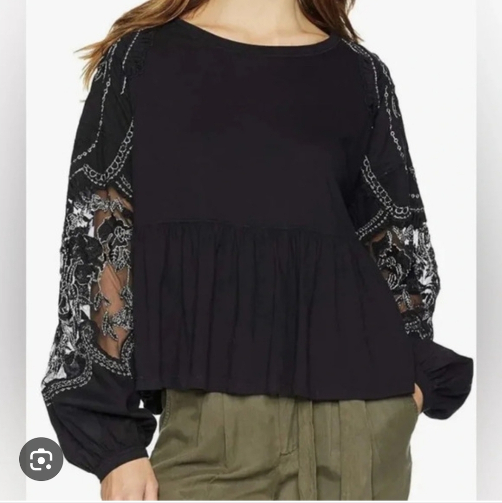 Free People Black Peplum Blouse with Embroidered Sheer Sleeves
